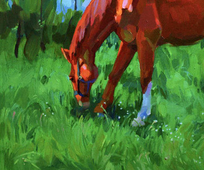 Oil painting Out to Pasture by Anastasia Yaroshevich: reddish-brown horse with blue halter grazing