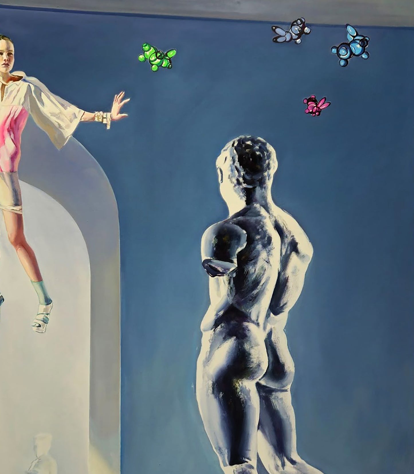 Oil painting Flight of Meletus by Igor Konovalov: woman reaching for colorful butterflies