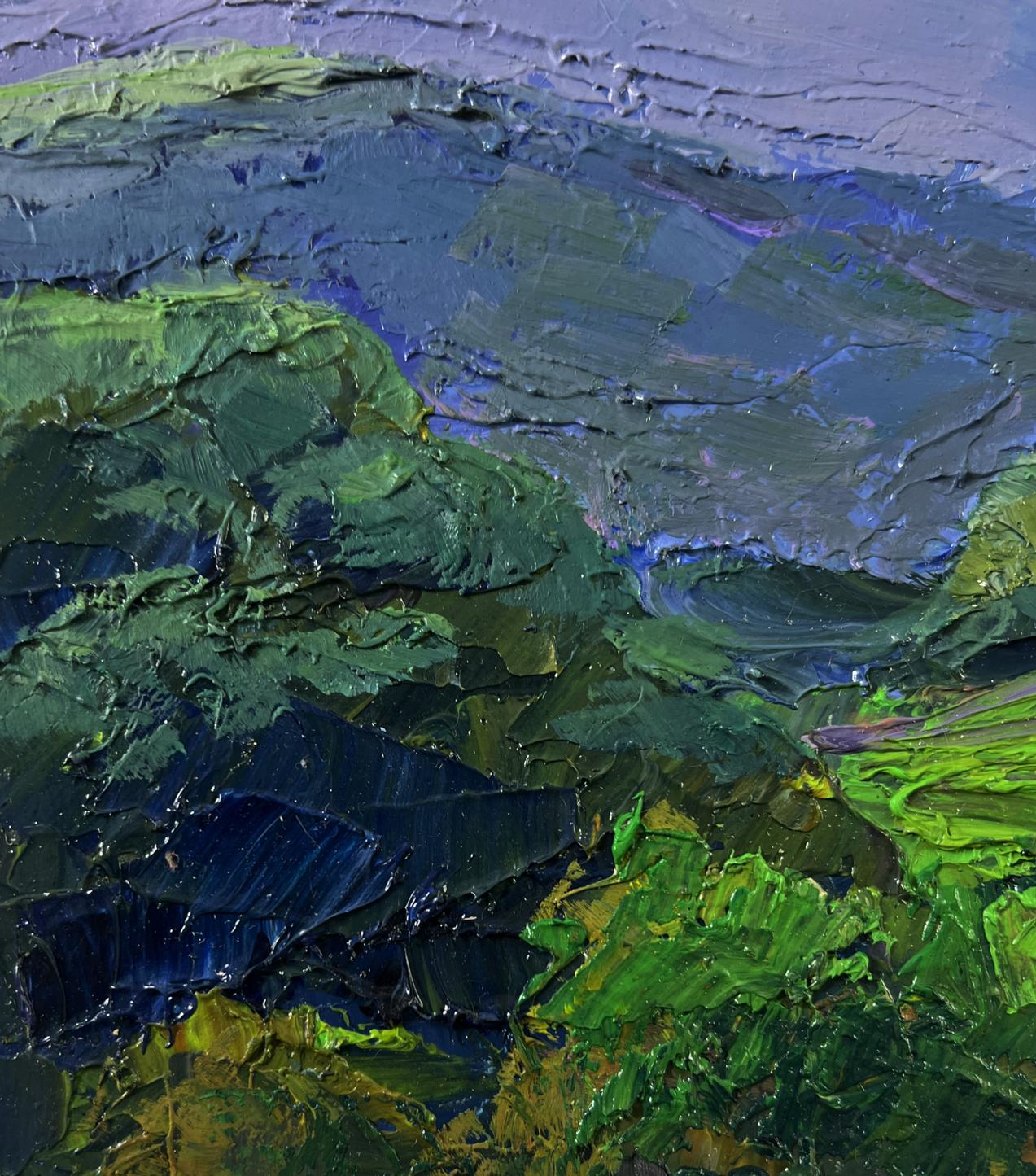 Oil painting of mountain sunset by Boris Serdyuk in deep green blue impasto