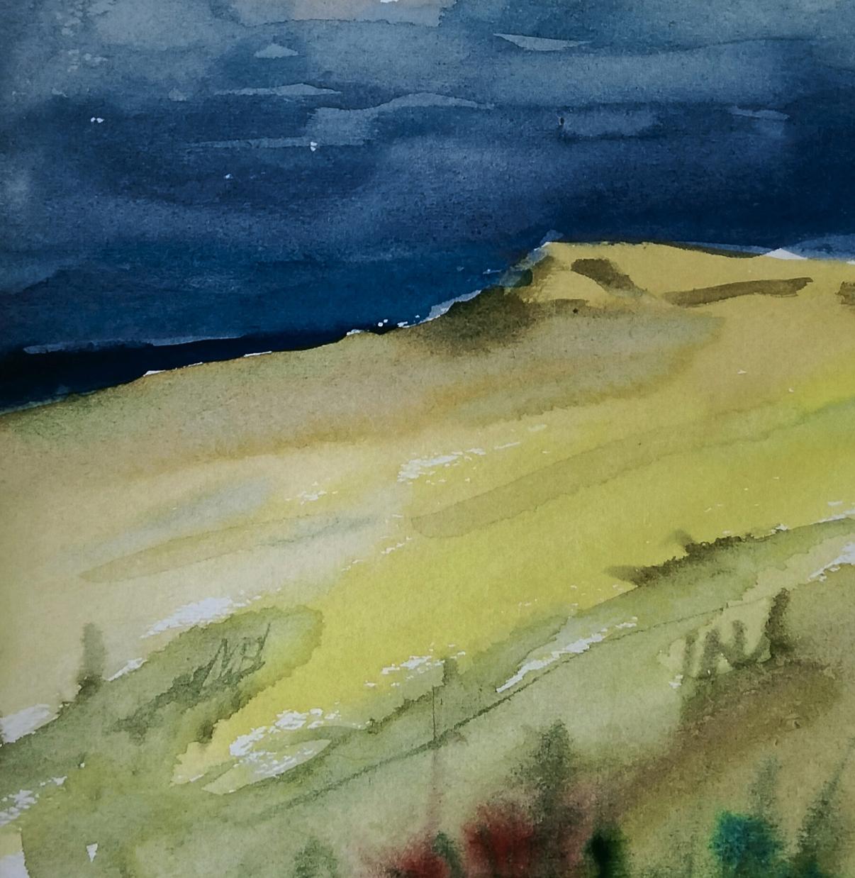 Watercolor painting of yellow dunes under stormy blue skies by Vitaly Duhnevich
