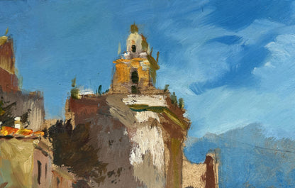 Weathered ochre stone bell tower with golden dome by Yuriy Suprunchuk oil painting