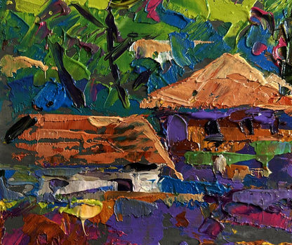 Vibrant impressionist oil painting by Oleksiy Ivanyuk of stylized thatched houses