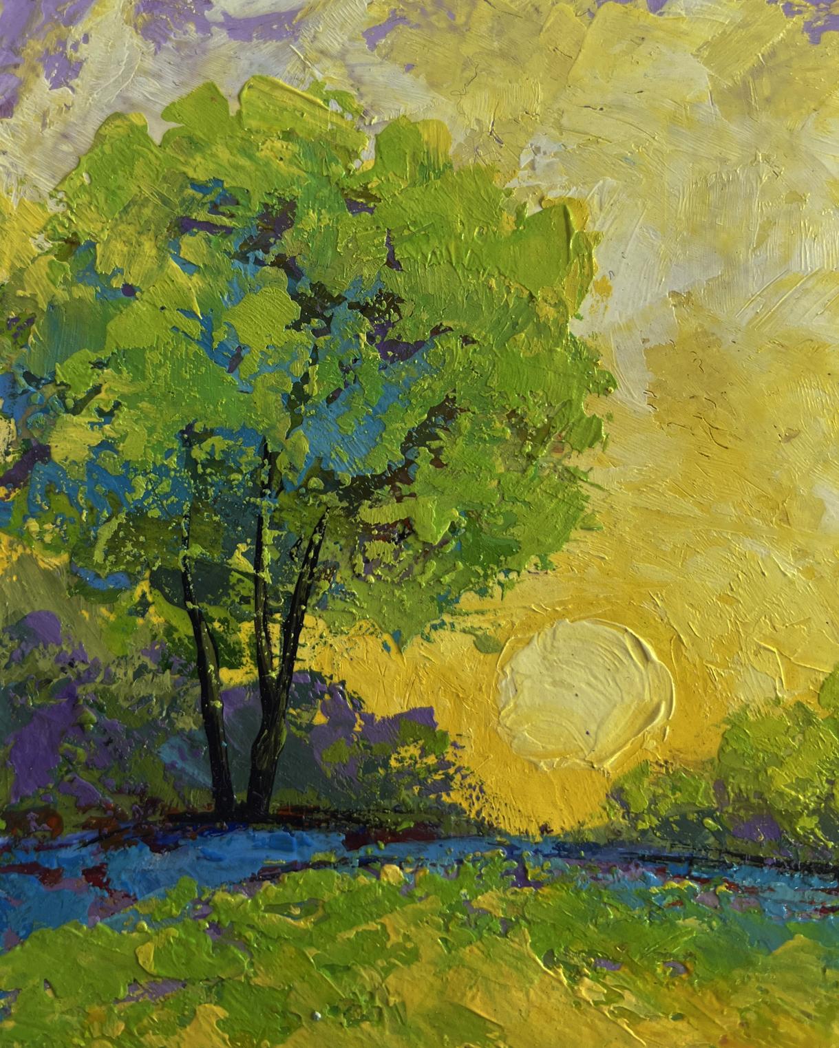 Oil painting The last rays over the forest by V. Zadorozhnya, vibrant tree in sunset sky