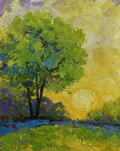 Oil painting The last rays over the forest by V. Zadorozhnya, vibrant tree in sunset sky