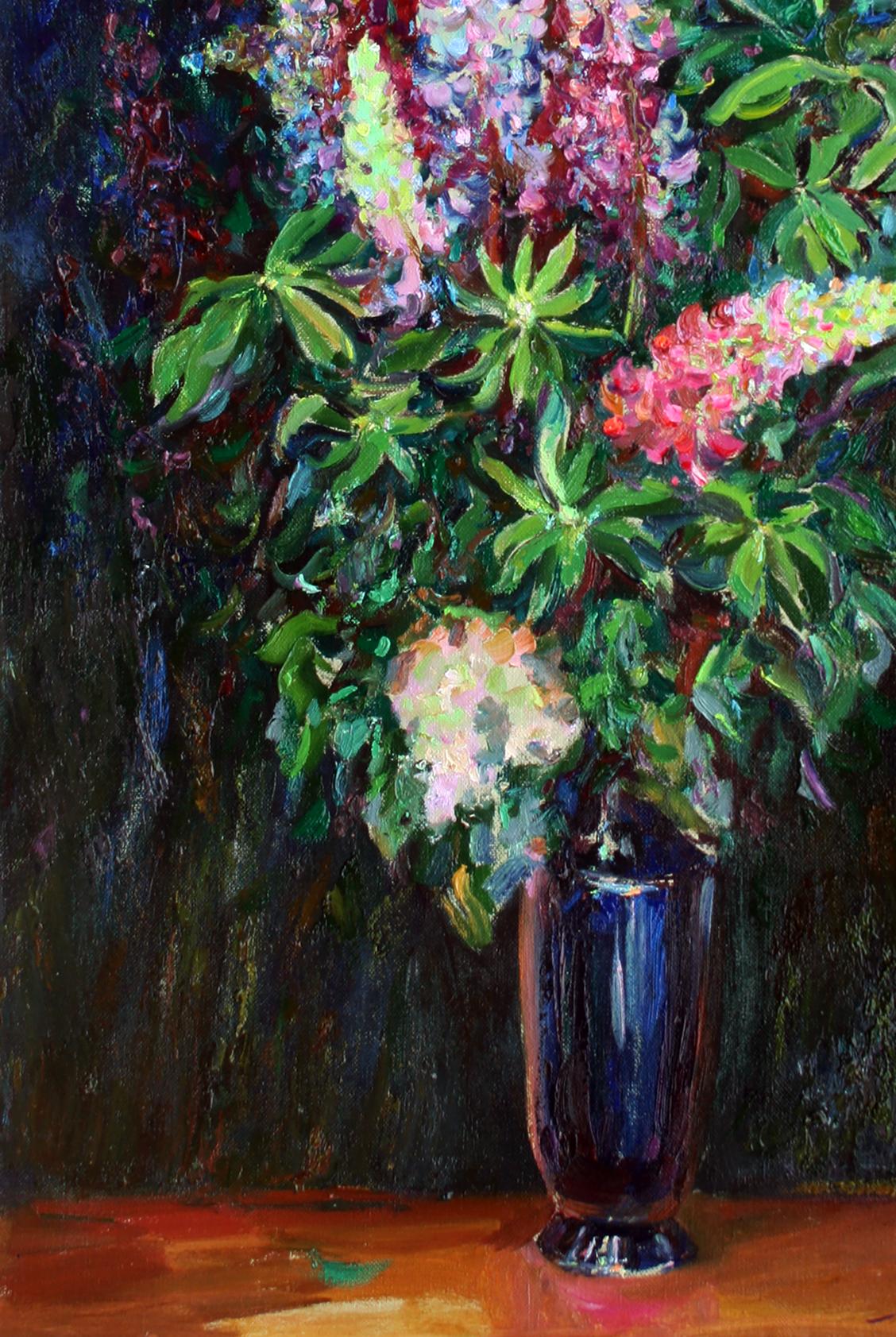 Vibrant impressionistic oil painting of lupine flowers in blue vase by Leonid Pavlenko