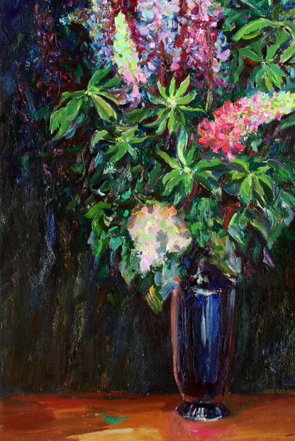 Vibrant impressionistic oil painting of lupine flowers in blue vase by Leonid Pavlenko