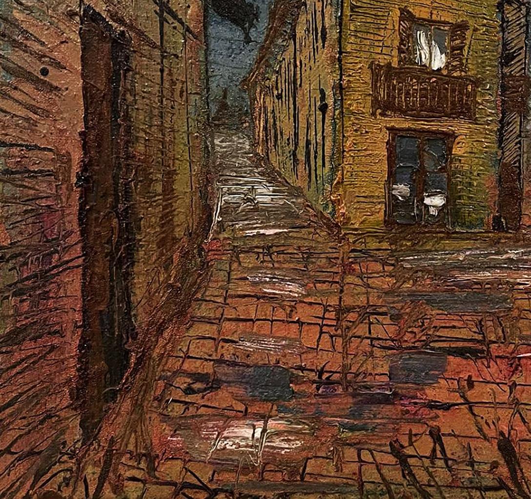 Oil painting of textured cobblestone alleyway in urban slums by Serhiy Kovalev