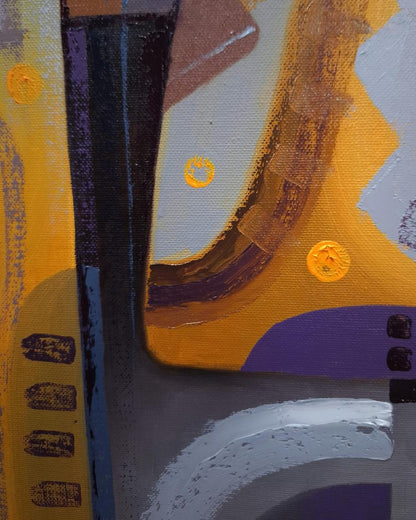 Oil painting Walking in the labyrinth by Sergiy Voichenko with yellow, purple, gray strokes