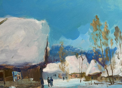 Oil painting of snow-covered wooden house by Yuriy Suprunchuk