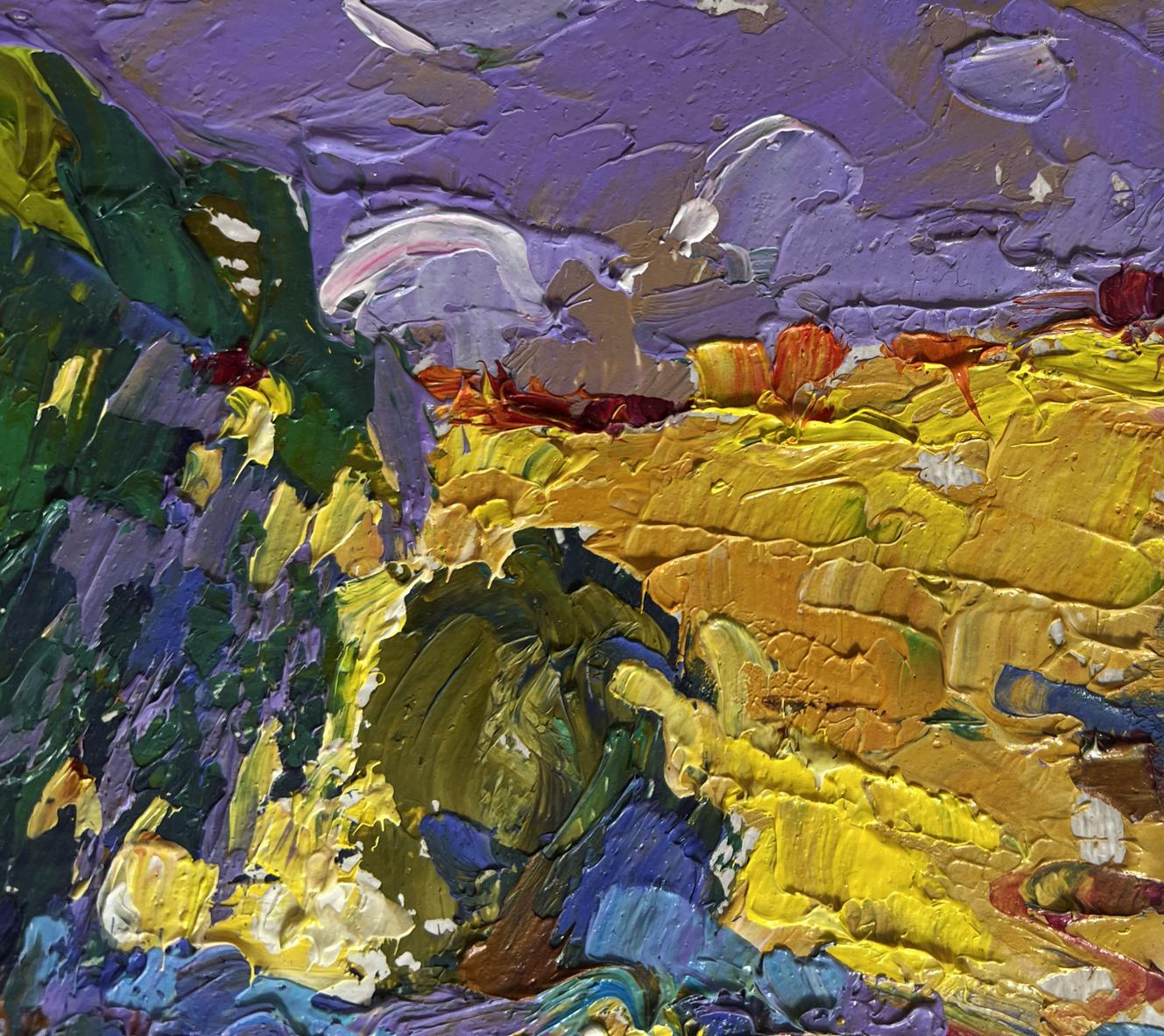 Vibrant impressionist oil painting by Oleksiy Ivanyuk: cow in golden fields under purple sky