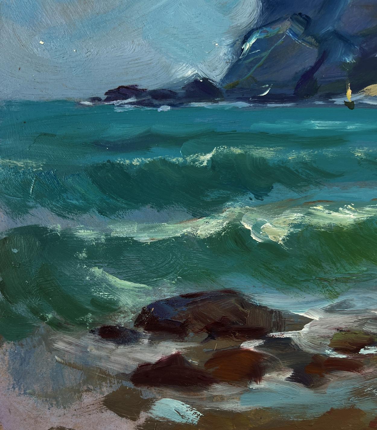 Oil painting of seagulls over vibrant teal waves crashing on rocks by Yuriy Suprunchuk