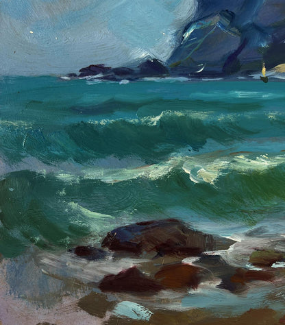 Oil painting of seagulls over vibrant teal waves crashing on rocks by Yuriy Suprunchuk
