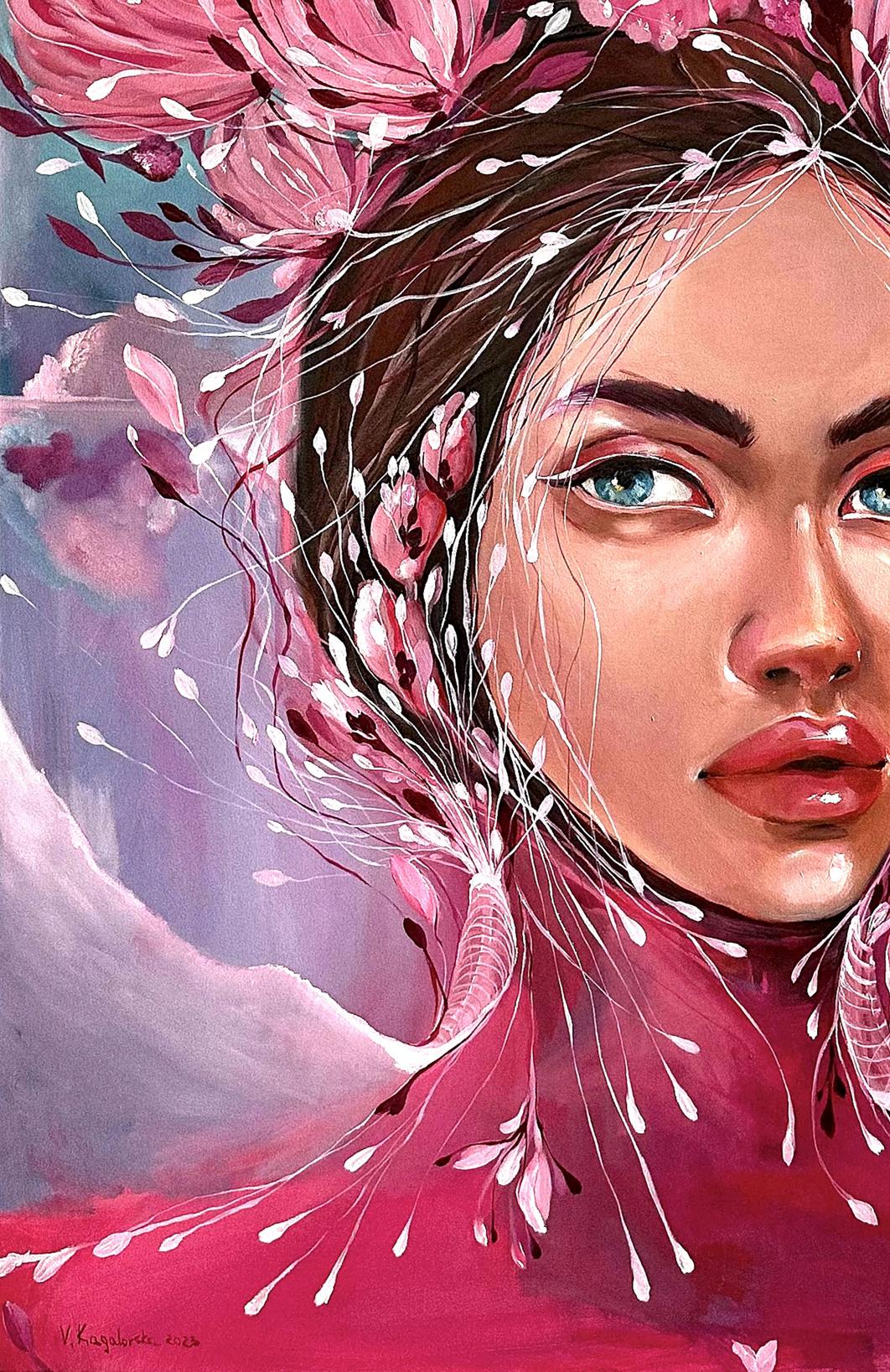 Oil painting Pions Victoria Kagalovska: pink floral headpiece on woman