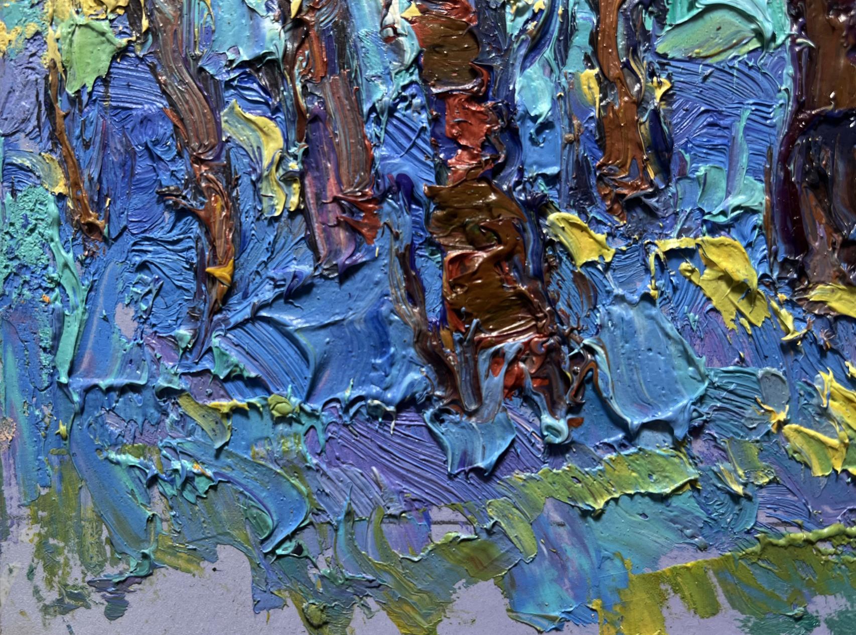 Oil painting A walk through the morning forest by Oksana Ivanyuk with impasto brushstrokes