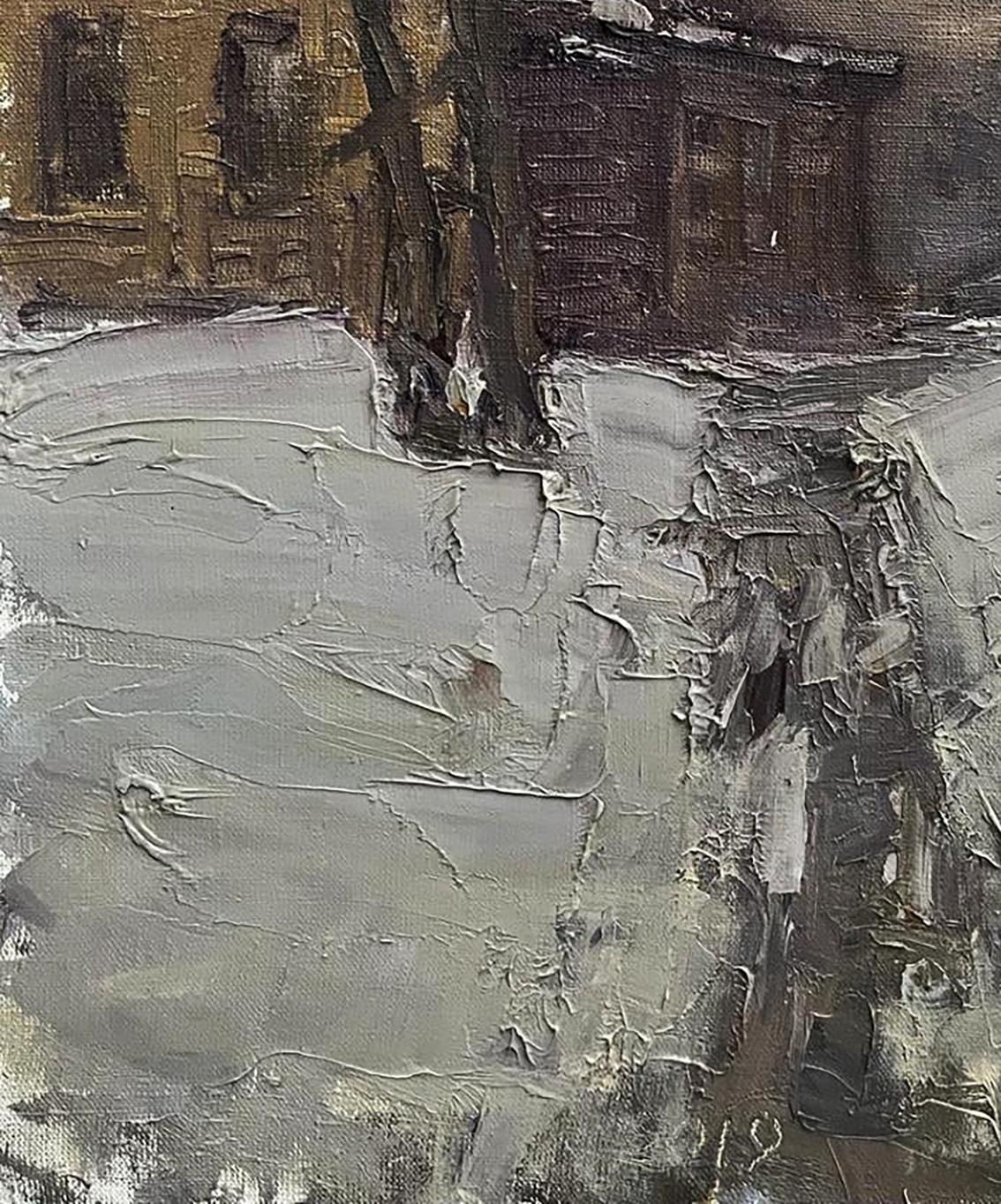 Oil painting Winter evening by Volodymyr Pashchenko snowy street scene