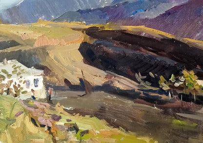 Oil painting of houses in sunlit valley by Oleksandr Andreev