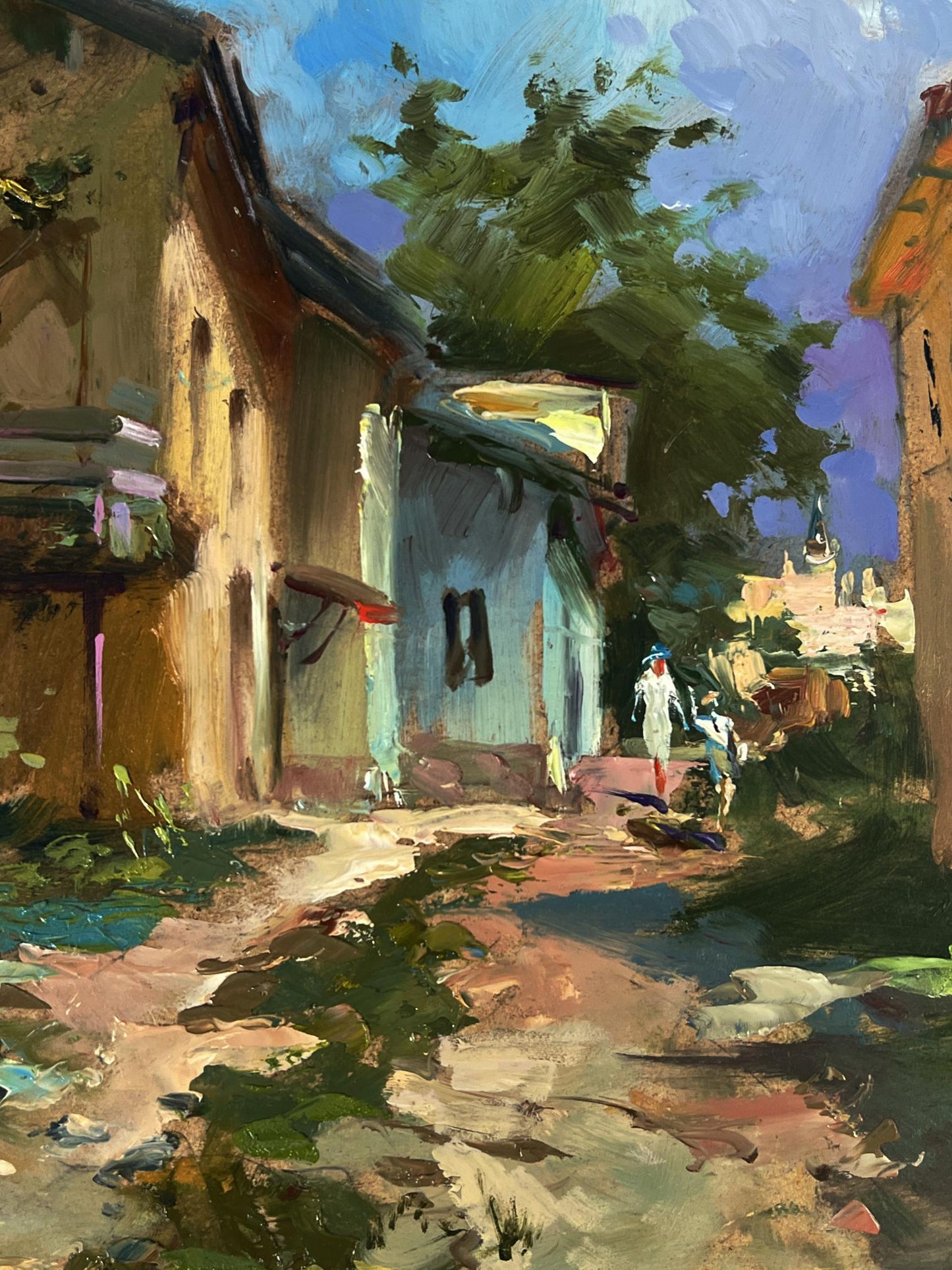 Vibrant impressionist oil painting of sunlit village road by Yuriy Suprunchuk