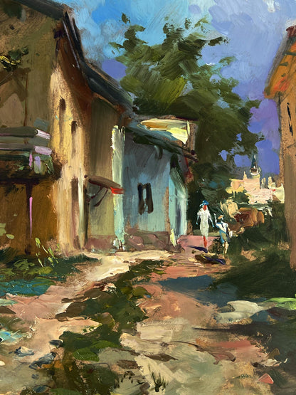Vibrant impressionist oil painting of sunlit village road by Yuriy Suprunchuk
