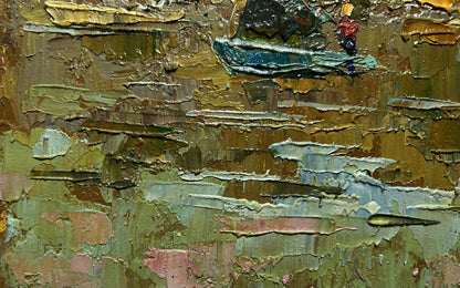 Oil painting The boats are sailing by Oleksiy Ivanyuk with textured gold green blue hues
