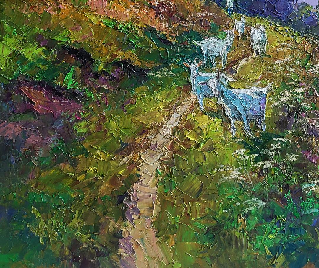 Vibrant impressionist oil painting of white goats by Boris Serdyuk