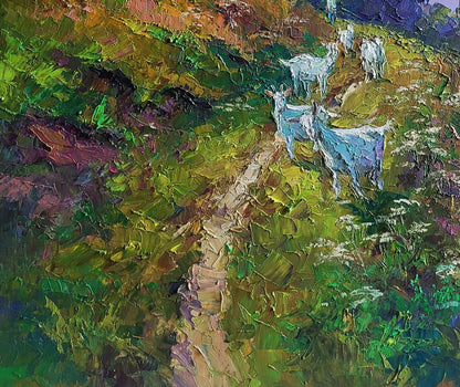 Vibrant impressionist oil painting of white goats by Boris Serdyuk