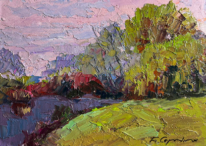 Boris Serdyuk impressionist landscape with vibrant pinks, greens, purples. Wholesale $95 each