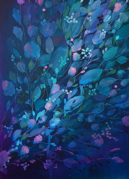 Oil painting Swan by Victoria Kagalovska: teal foliage and pink blossoms