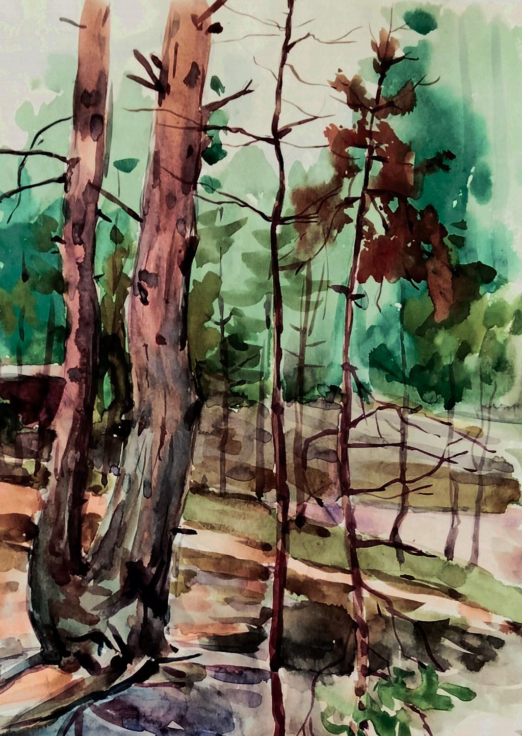 Watercolor forest painting by Vitaly Duhnevich with tall trees