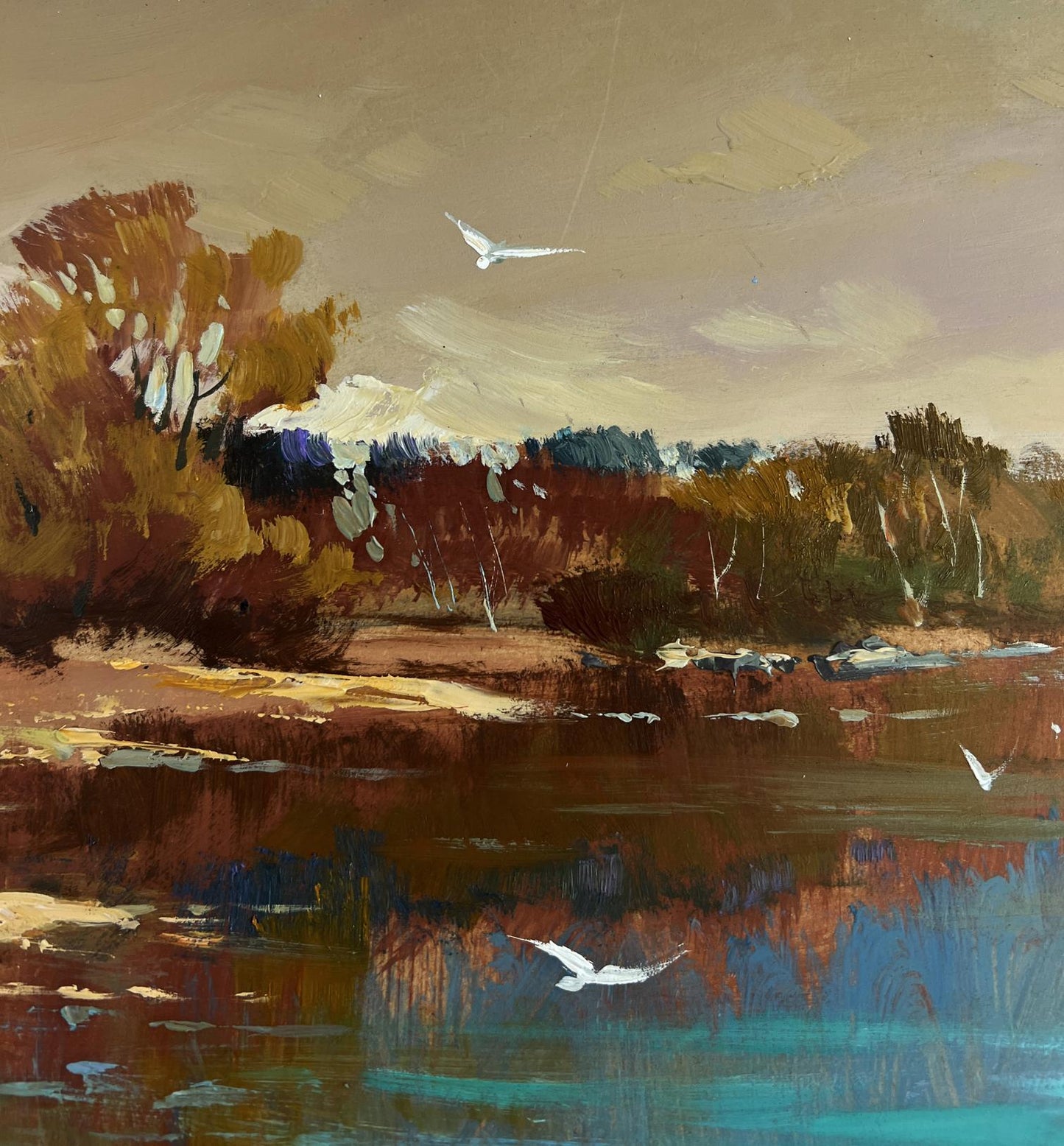 Oil painting by Yuriy Suprunchuk: birds over autumn river landscape