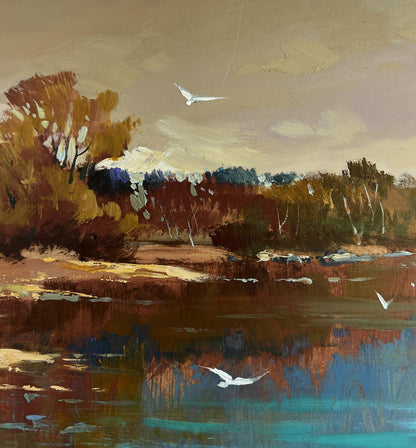 Oil painting by Yuriy Suprunchuk: birds over autumn river landscape