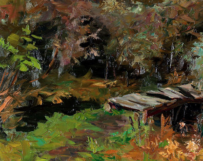 Oil painting by Boris Serdyuk: rustic wooden bridge over stream in foliage