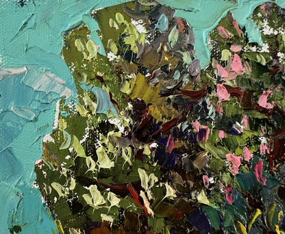 Impressionistic oil painting of flowering chestnut trees by Oksana Ivanyuk