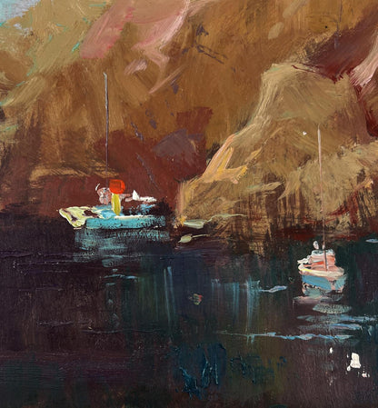 Oil painting of small blue sailboat with red yellow mast against earthy mountain cliffs by Yuriy Suprunchuk