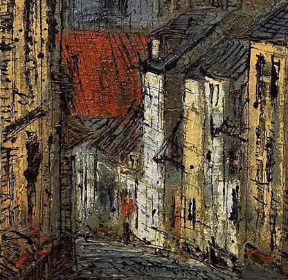 Oil painting City Descent by Serhiy Kovalev: textured alleyway with red-tiled roof