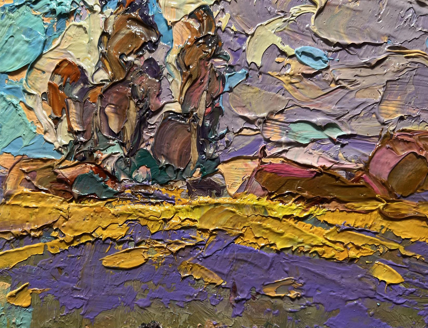 Oil painting Early autumn morning by Oleksiy Ivanyuk in purples and yellows
