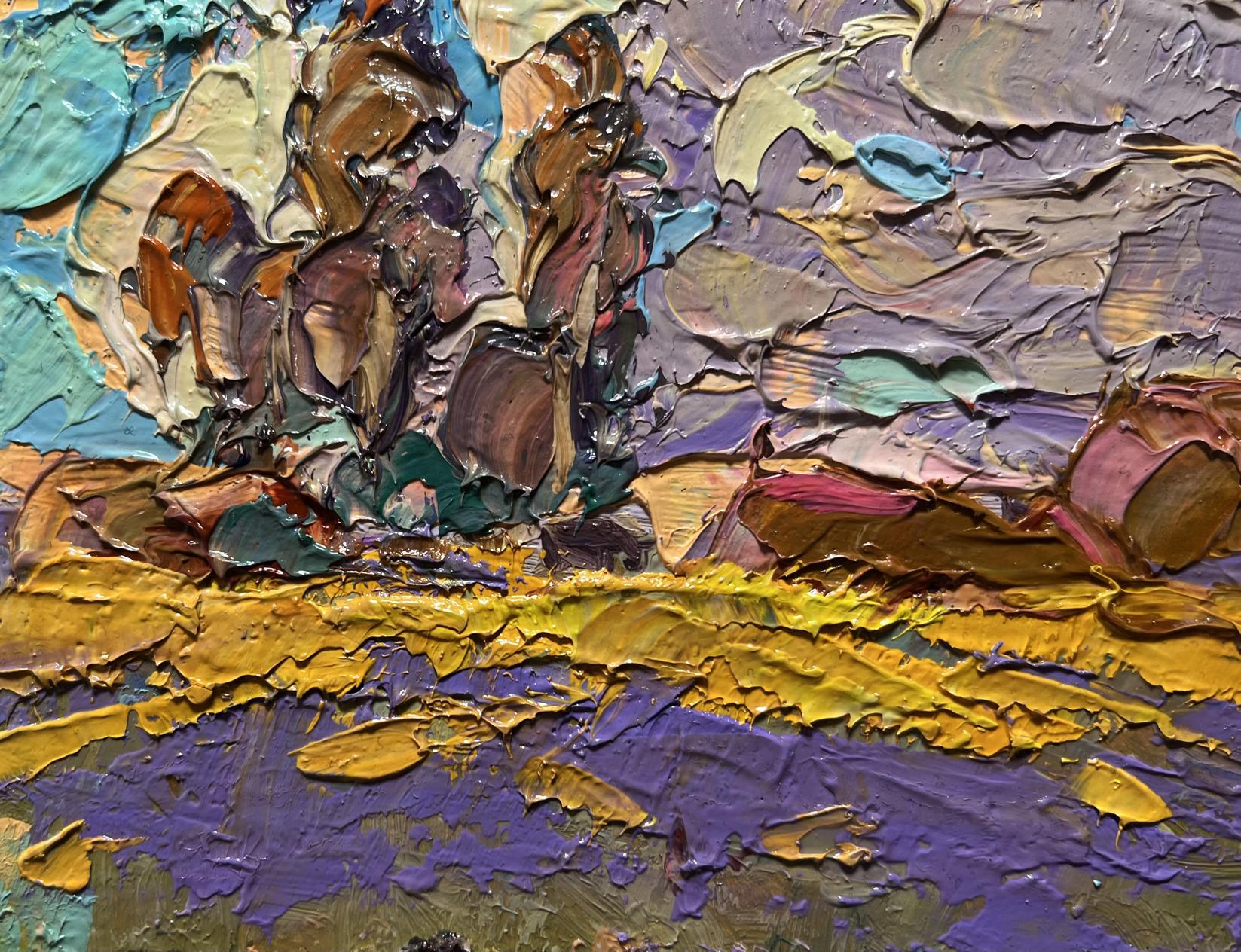 Oil painting Early autumn morning by Oleksiy Ivanyuk in purples and yellows