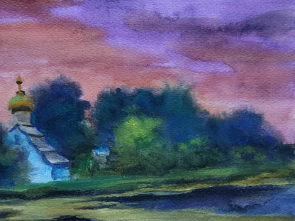Watercolor painting Morning over the river by Boris Serdyuk blue church golden dome
