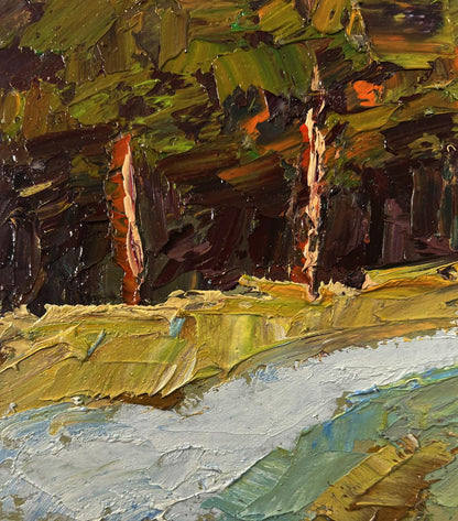Impasto oil painting The first snow fell by Boris Serdyuk with textured foliage and river