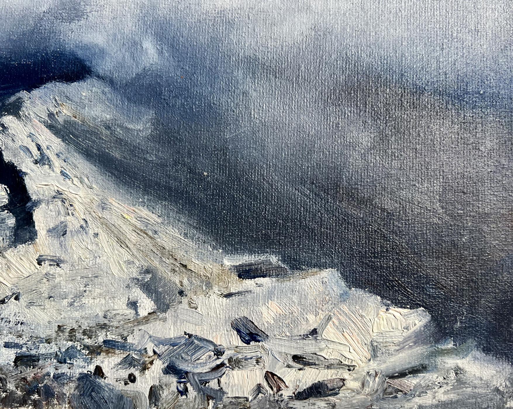 Oil painting Snow Storm in the Mountains by Tatyana Derdey, stormy cliffside