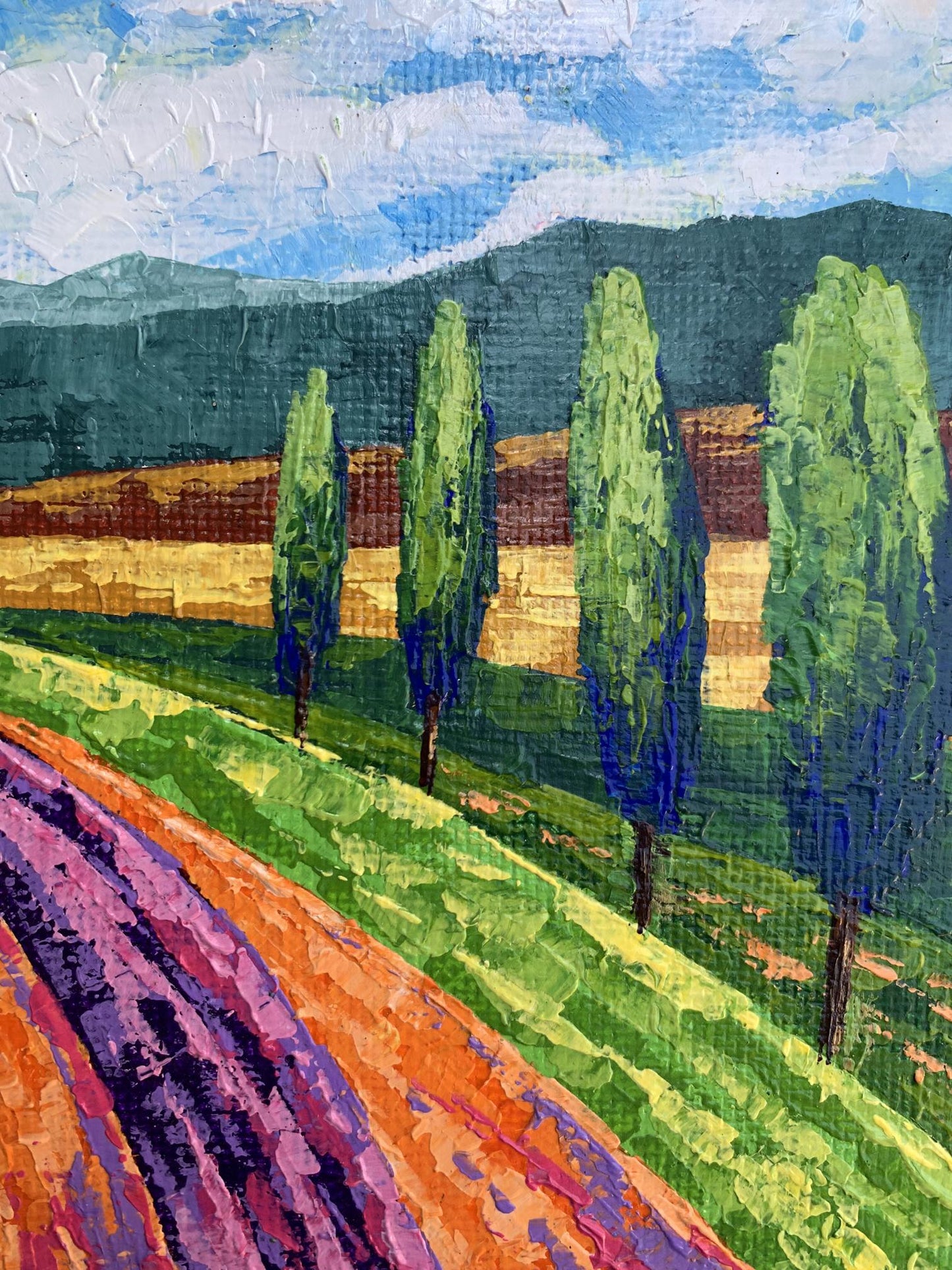 Vibrant impressionist oil painting by V. Zadorozhnya: cypress trees, hills, lavender glade to mountains