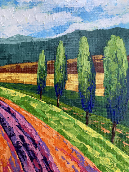 Vibrant impressionist oil painting by V. Zadorozhnya: cypress trees, hills, lavender glade to mountains