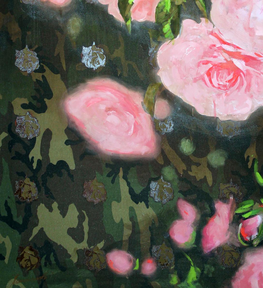 Pink roses oil painting Briar Ed Potapenkov on camo background