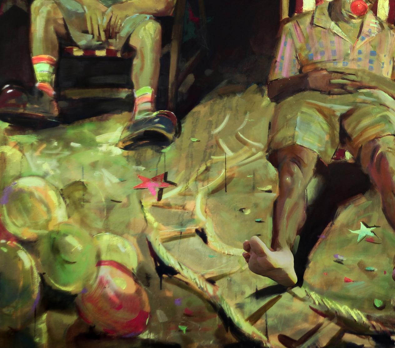 Oil painting Happy time by Ed Potapenkov: vibrant abstract figures in green-yellow landscape