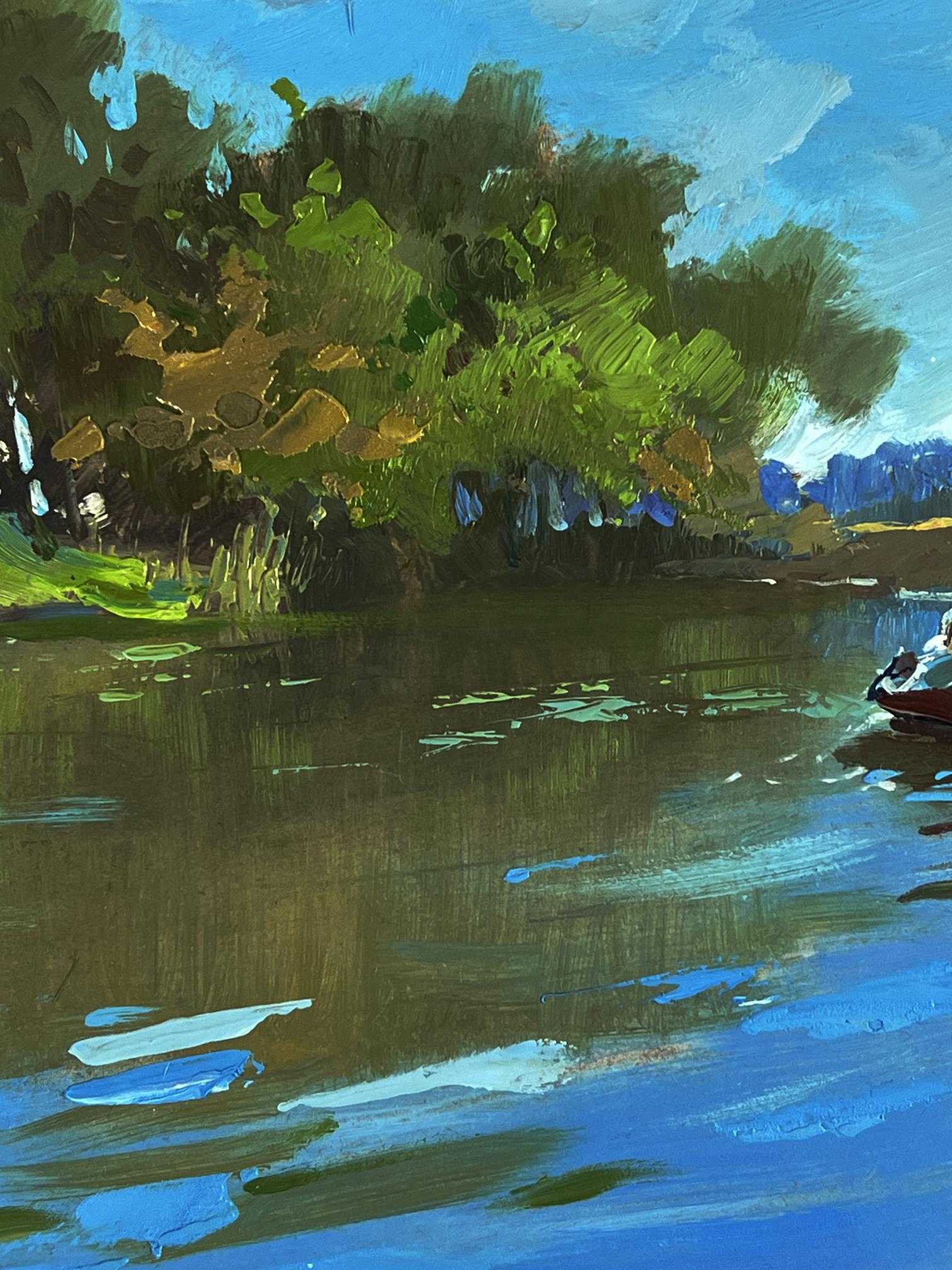 Vibrant impressionist oil painting of boats in river by Yuriy Suprunchuk