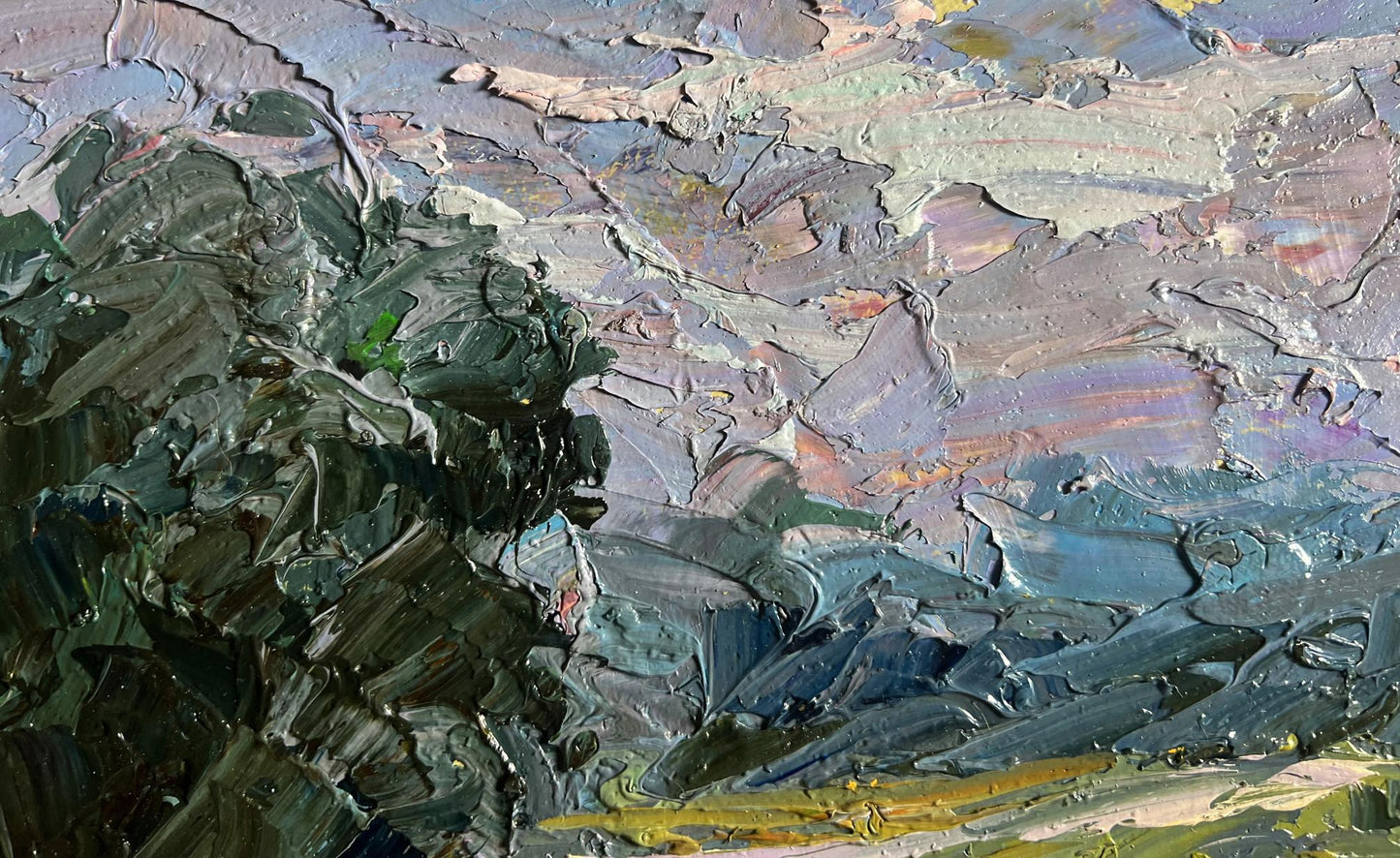 Oil painting Further away from the city by Boris Serdyuk textured impasto greens blues grays