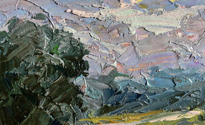 Oil painting Further away from the city by Boris Serdyuk textured impasto greens blues grays