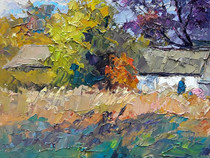 Oil painting Autumn chores by Boris Serdyuk: vibrant impressionist village scene
