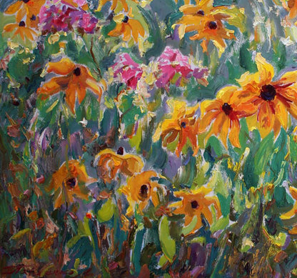 Vibrant orange pink black-eyed susan oil painting by Leonid Pavlenko