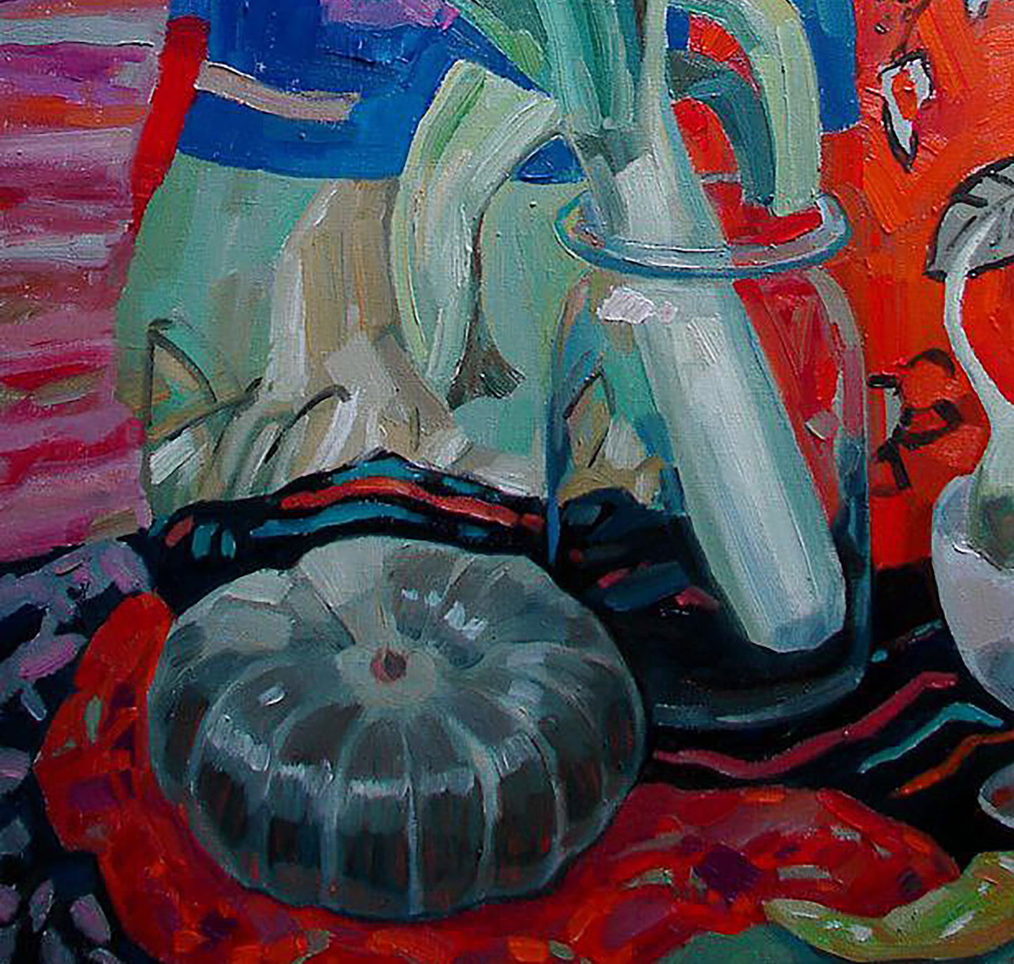 Translucent ribbed glass vase in Tatyana Shulyak onion still life oil painting