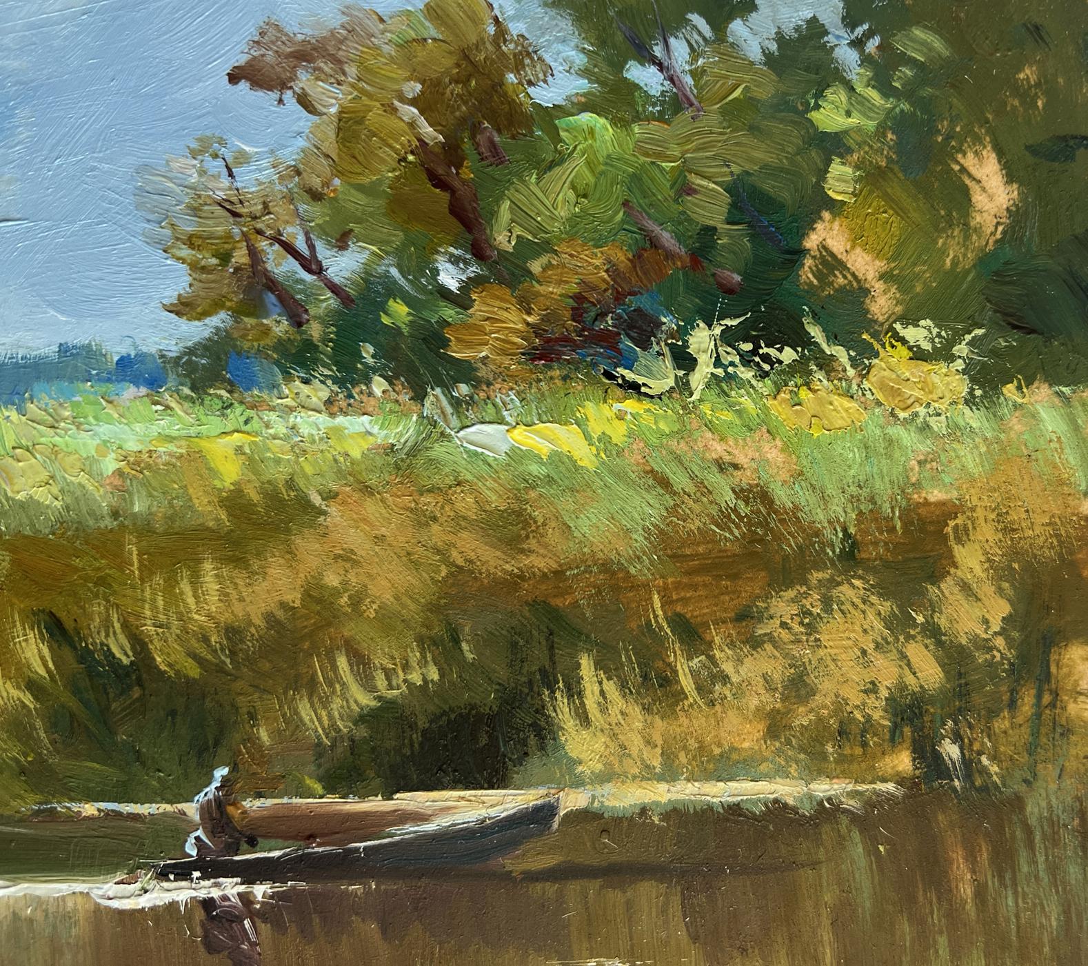 Oil painting by Yuriy Suprunchuk: rowboat gliding under foliage